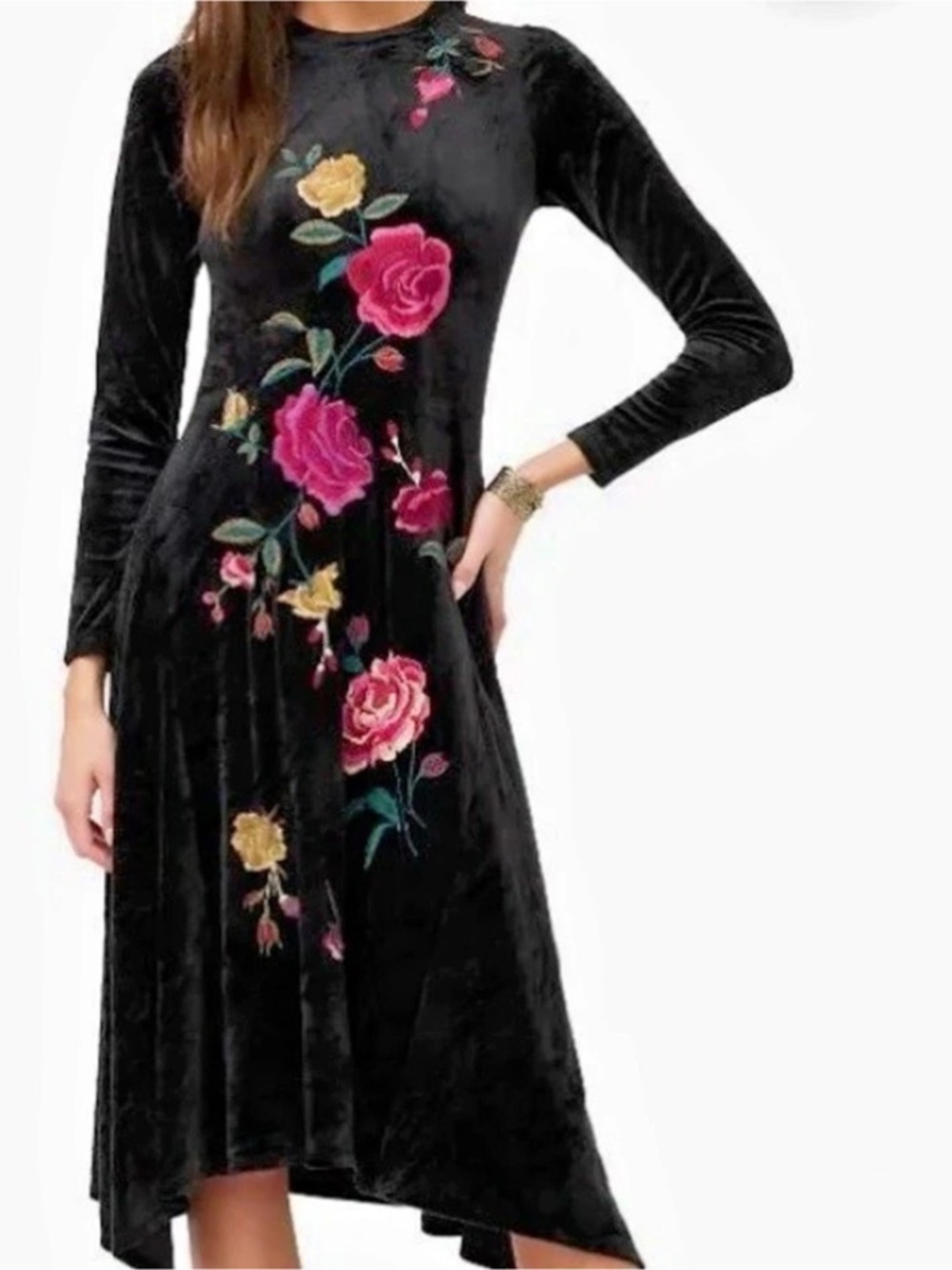Johnny Was Women's Handkerchief Hem Velour Dress, size XS